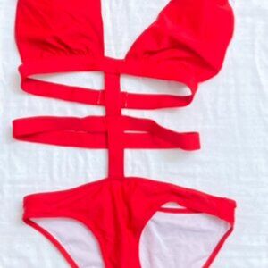 Red Strappy One Piece Bikini Bathing Suit - Size Medium